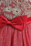 Rojo Línea A Vestido de Niña con Cuentas Lazo
