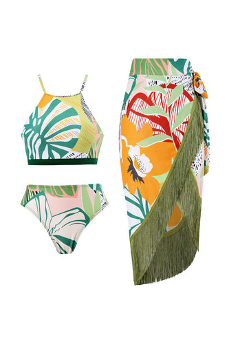 Bikini Con Falda de Playa Estampado Verde Dos Piezas