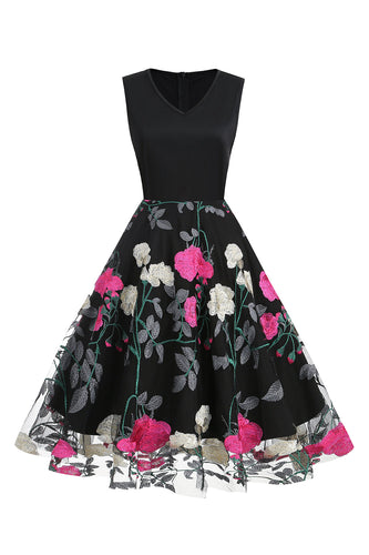 Fucsia Negro 1950s Vestido Vintage Flores
