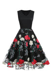 Fucsia Negro 1950s Vestido Vintage Flores