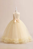 Champagne Tulle A Line Girl Dress con bordado