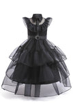 Black Tulle A Line Girl Dress con cinturón
