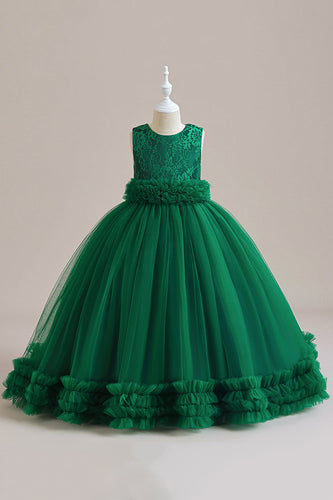 Tul verde sin mangas A Line Girl Dress con encaje