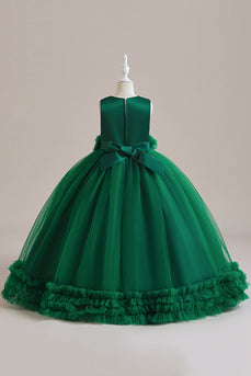 Tul verde sin mangas A Line Girl Dress con encaje