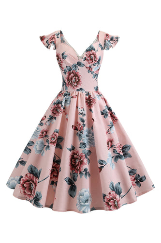 1950s Vestido Rosa Floral Estampado