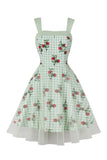 1950s Vestido Verde A Cuadros A Línea Estampado Floral