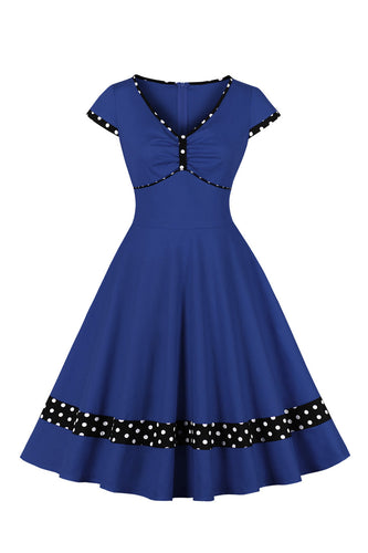 Azul Oscuro V Cuello Lunares 1950s Vestido