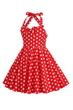 Halter Red Vintage Polka Dot 50's Vestido de Niña con Lazo