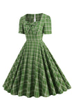1950s Vestido Verde Mangas Cortas A Cuadros