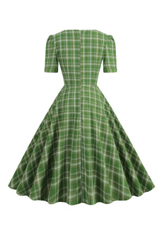 1950s Vestido Verde Mangas Cortas A Cuadros
