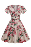 Rosa V Cuello Flor Estampado Vestido Vintage
