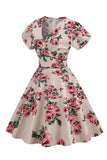 Rosa V Cuello Flor Estampado Vestido Vintage
