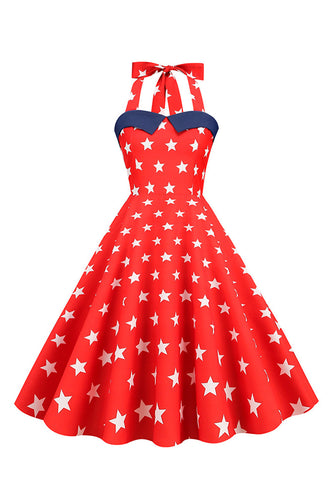 Estrellas Rojo Estampado Halter 1950s Vestido