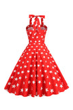 Estrellas Rojo Estampado Halter 1950s Vestido