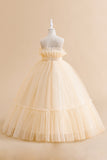 White Straplee Tulle A Line Flower Girl Dress con lazo