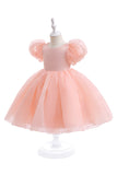 White Tulle A Line Flower Girl Dress con mangas abullonadas