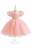 White Tulle A Line Flower Girl Dress con mangas abullonadas