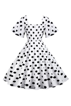 Lunares Blanco Vestido Vintage con Mangas Cortas