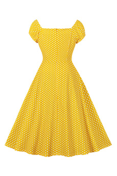 Amarillo Lunares Cuello Cuadrado Vestido Vintage