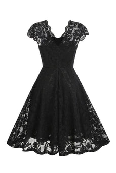 V Cuello Negro Encaje 1950s Vestido