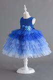 Royal Blue Sleeveless A Line Girls Vestidos con flores 3D