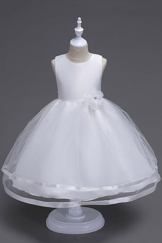 Cuello Barco Tul Vestidos Blancos Niñas con Lazo