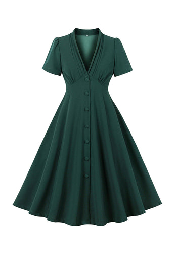 Vestido verde Deep V cuello 1950s con mangas cortas