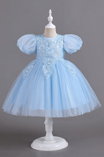 Blue Round Neck Puff Sleeves Vestidos de Niñas