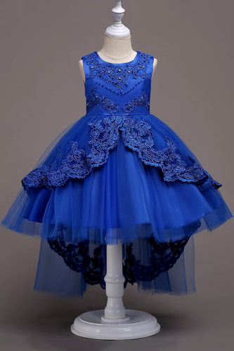 Azul oscuro High Low Appliques Vestidos de Niñas
