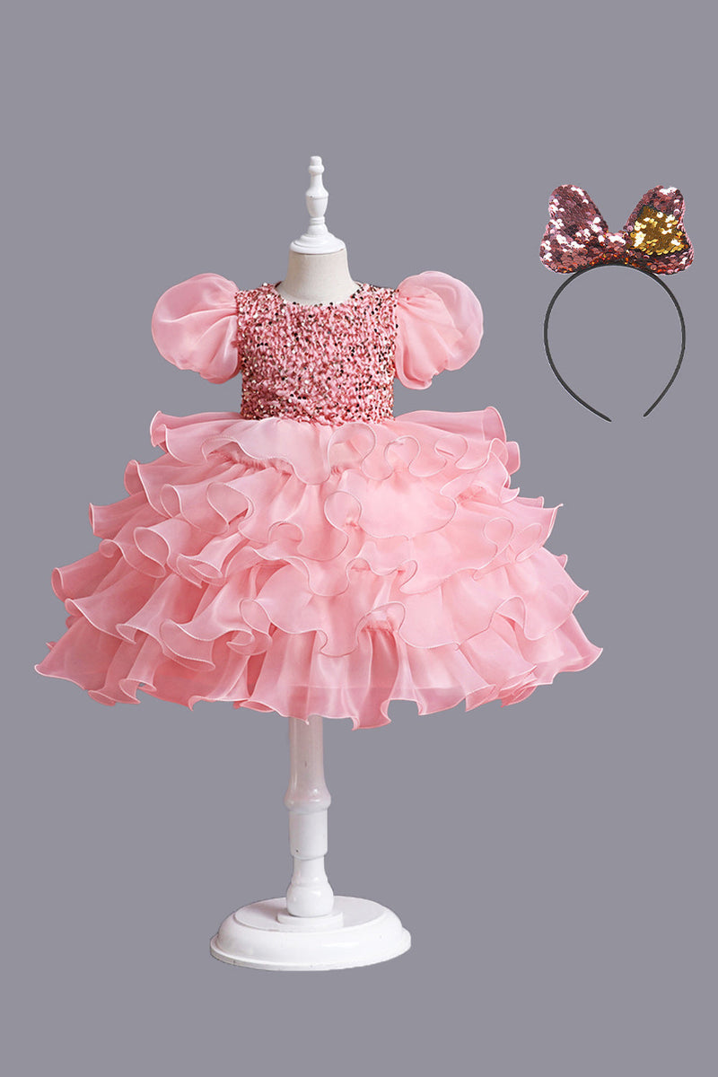 Cargar imagen en el visor de la galería, Mangas abullonadas Vestidos rosas de lentejuelas para niñas con lazo