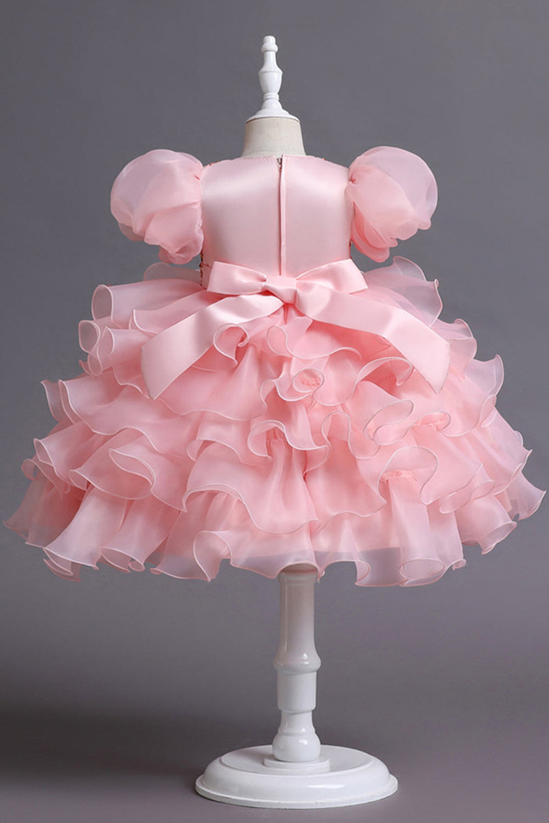 Cargar imagen en el visor de la galería, Mangas abullonadas Vestidos rosas de lentejuelas para niñas con lazo