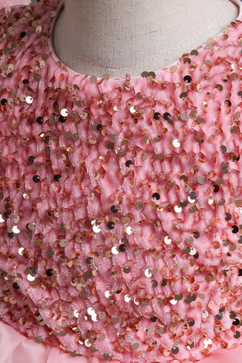 Mangas abullonadas Vestidos rosas de lentejuelas para niñas con lazo
