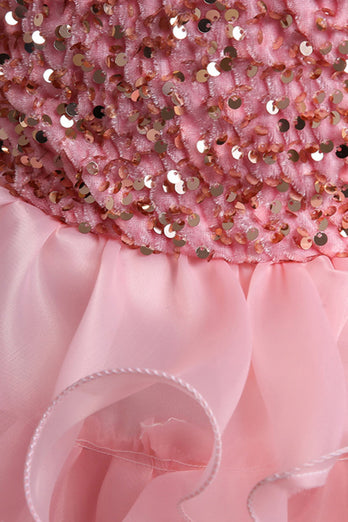 Mangas abullonadas Vestidos rosas de lentejuelas para niñas con lazo