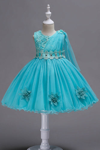 Blue A Line Bowknot Girls Party Vestidos con flores 3D