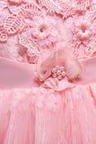 Vestidos rosas de cuello redondo para niñas con flores 3D