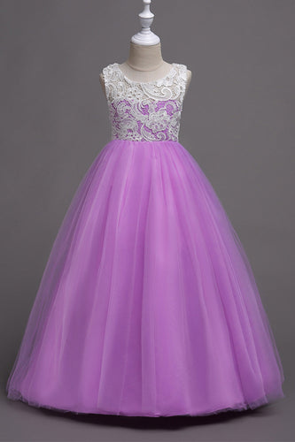 Purple A Line Tulle Girls vestidos con encaje