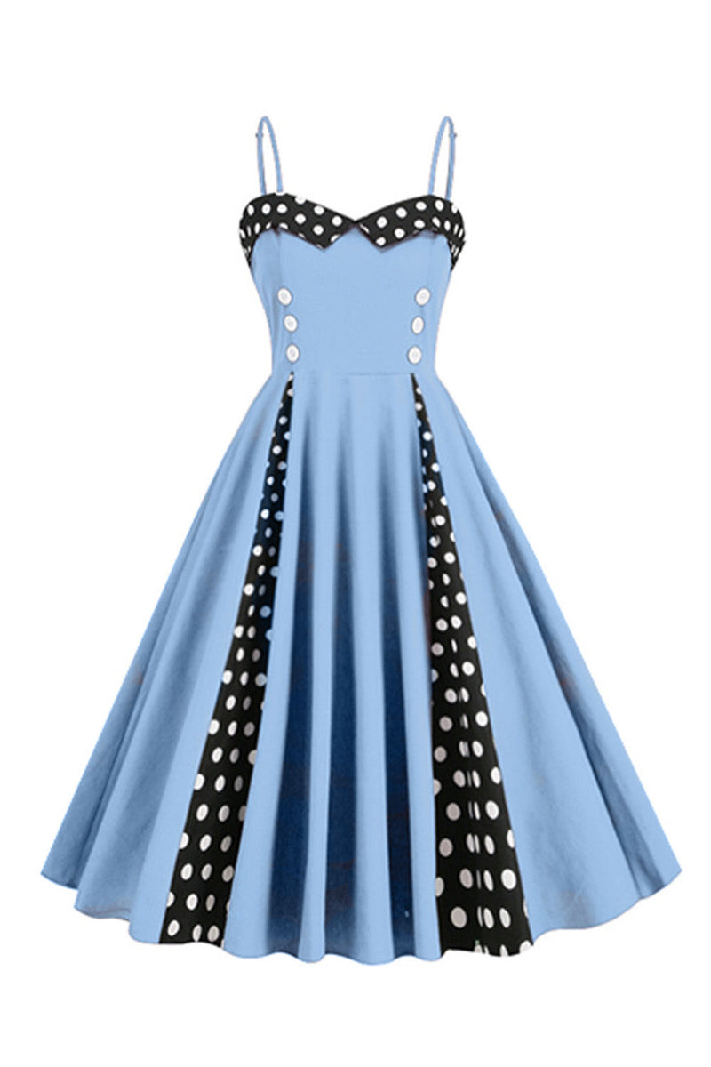Cargar imagen en el visor de la galería, Azul claro Lunares Correas de espagueti Vestido de la década de 1950