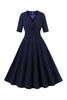 Cargar imagen en el visor de la galería, Media manga azul marino V cuello 1950s vestido