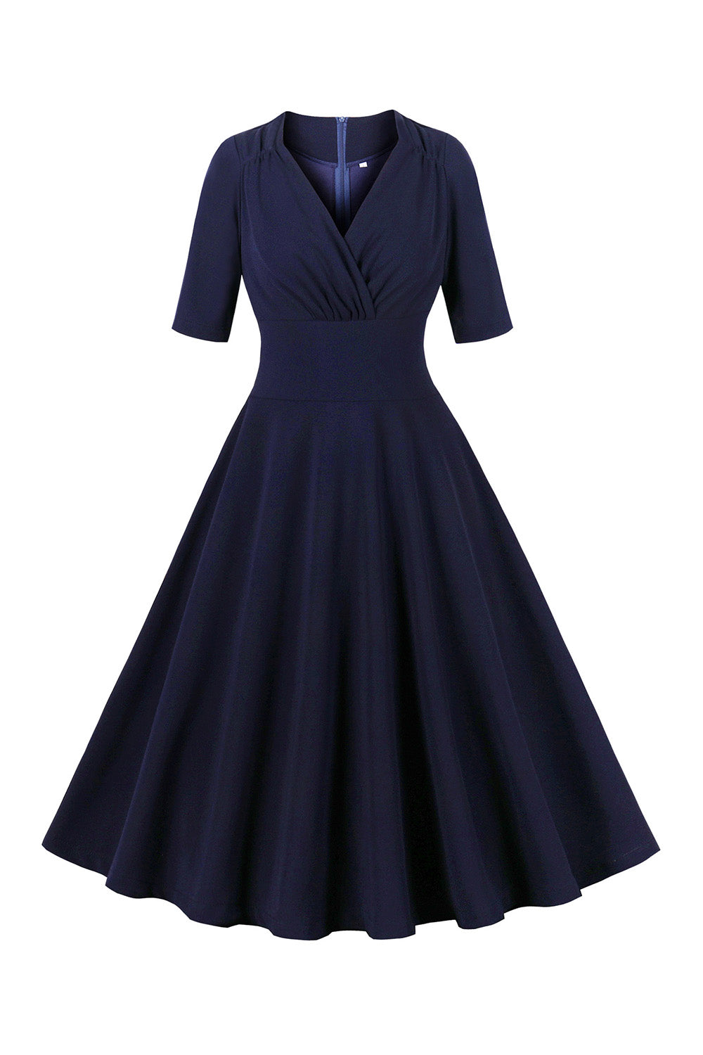 Media manga azul marino V cuello 1950s vestido