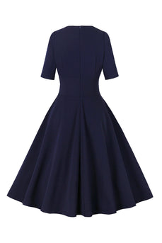 Media manga azul marino V cuello 1950s vestido