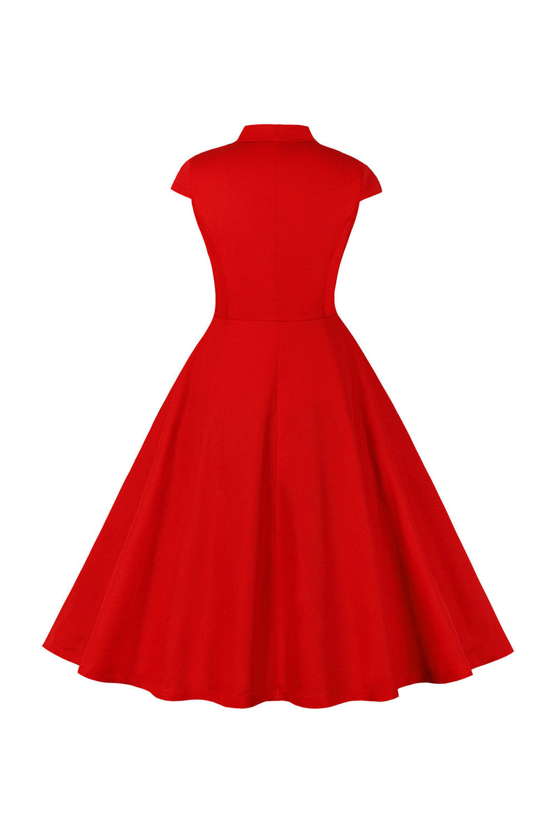 Cargar imagen en el visor de la galería, Vestido rojo con cuello V de 1950 con mangas cortas