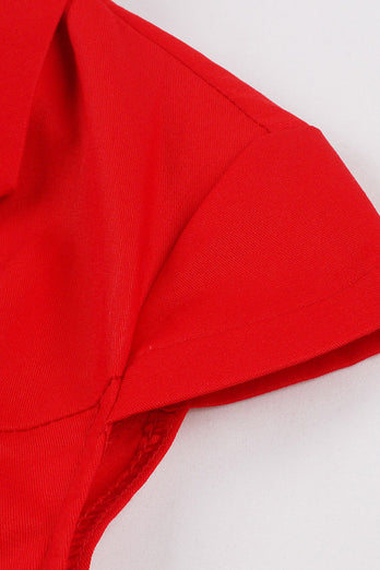 Vestido rojo con cuello V de 1950 con mangas cortas