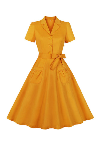 Vestido vintage amarillo de cuello en V con mangas cortas