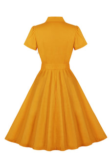Vestido vintage amarillo de cuello en V con mangas cortas