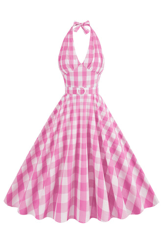 Vestido rosa halter a cuadros sin mangas de la década de 1950 con cinturón