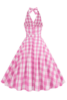 Vestido rosa halter a cuadros sin mangas de la década de 1950 con cinturón