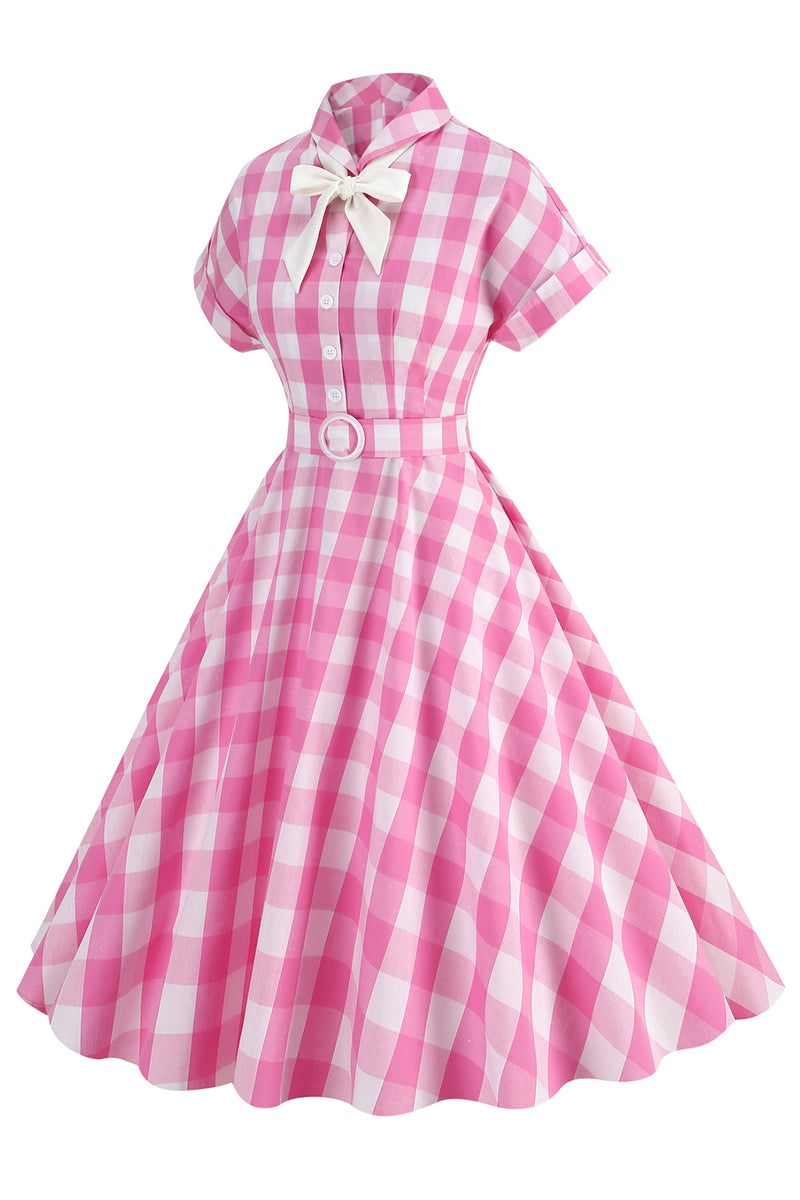 Cargar imagen en el visor de la galería, Vestido rosa a cuadros bowknot 1950s con mangas cortas