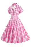 Vestido rosa a cuadros bowknot 1950s con mangas cortas