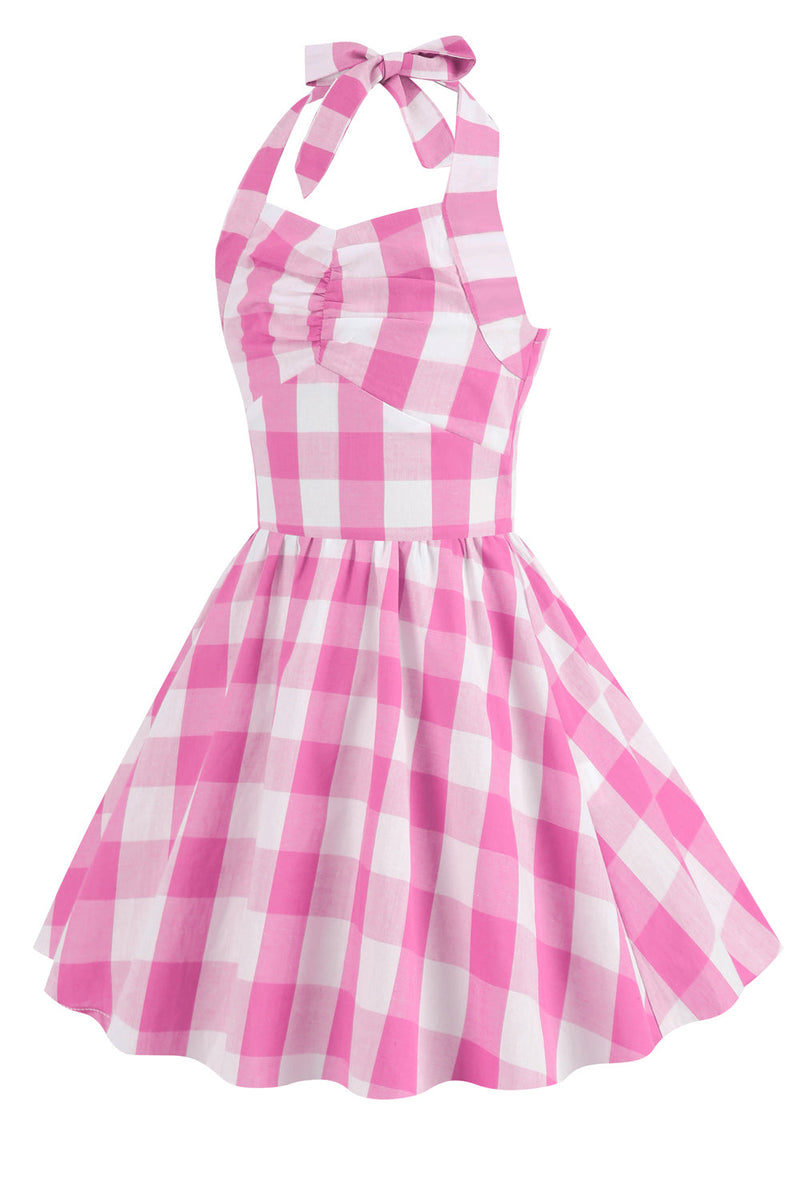 Cargar imagen en el visor de la galería, Halter Plaid Sleeveless Pink Vintage Girl Dresses