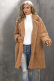 Camel Nottched Lapel Long Faux Fur Women Coat